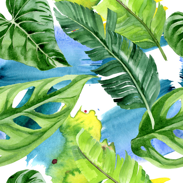 Exotic tropical hawaiian palm tree leaves. Watercolor background illustration set. Seamless background pattern.  - Photo, Image