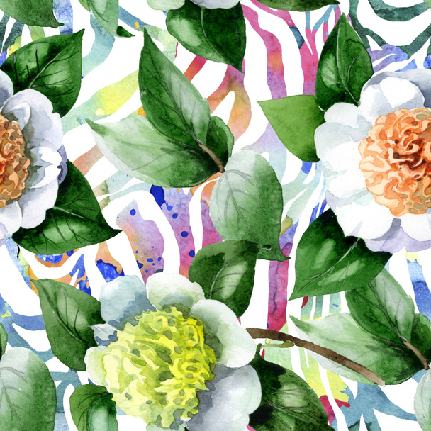 White camellia flowers with green leaves watercolor illustration set. Seamless background pattern. - Fotó, kép