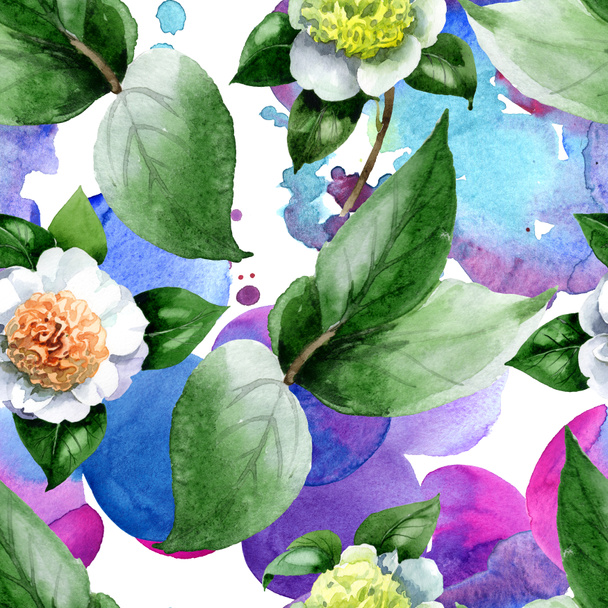 White camellia flowers with green leaves watercolor illustration set. Seamless background pattern. - Foto, immagini