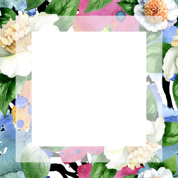 White camellia flowers with green leaves isolated on white. Watercolor background illustration set. Frame border ornament with copy space. - 写真・画像