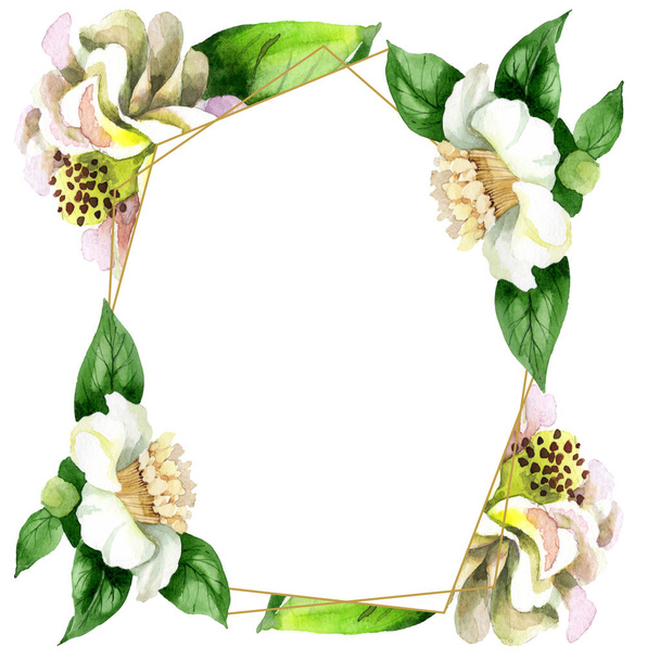 Fehér kaméliás virágok zöld levelekkel, fehér alapon elszigetelve. Akvarell háttér illusztráció készlet. Keret határdísz fénymásoló hellyel. - Fotó, kép