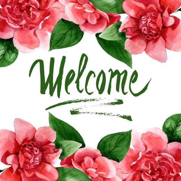 Pink camellia flowers with green leaves isolated on white. Watercolor background illustration set. Frame border ornament with welcome lettering. - Foto, imagen