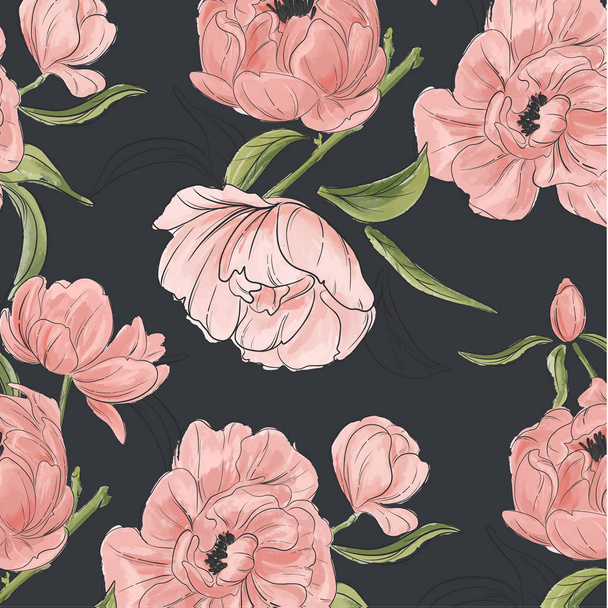 Vector vintage floral composition set with peony hand-drawn flowers and greenery leaves. Garden decoration fabrics. Modern botanical pattern - Vecteur, image