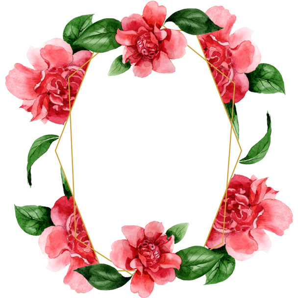 Pink camellia flowers with green leaves isolated on white. Watercolor background illustration set. Frame border ornament with copy space. - Φωτογραφία, εικόνα