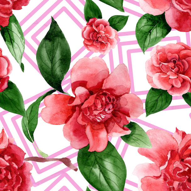 Roze Camellia bloemen met groene bladeren. Aquarel illustratie set. Naadloos achtergrond patroon.  - Foto, afbeelding
