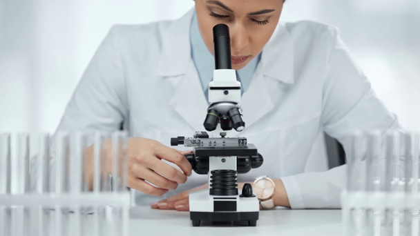 Αφρικανός Αμερικανός επιστήμονας κοιτάζοντας το δείγμα μέσω του μικροσκόπιο στο εργαστήριο  - Πλάνα, βίντεο