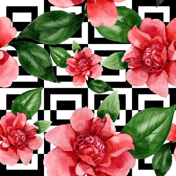 Pink camellia flowers with green leaves. Watercolor illustration set. Seamless background pattern.  - Photo, Image