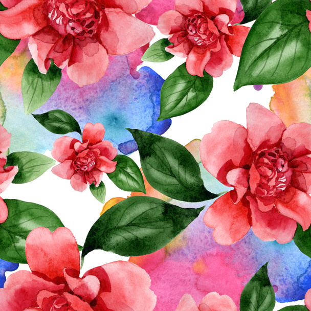 Pink camellia flowers with green leaves. Watercolor illustration set. Seamless background pattern.  - Fotoğraf, Görsel