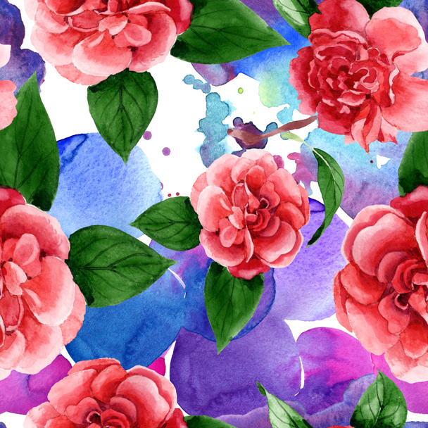 Pink camellia flowers with green leaves. Watercolor illustration set. Seamless background pattern.  - Фото, зображення