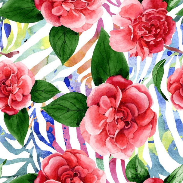 Pink camellia flowers with green leaves. Watercolor illustration set. Seamless background pattern.  - Valokuva, kuva