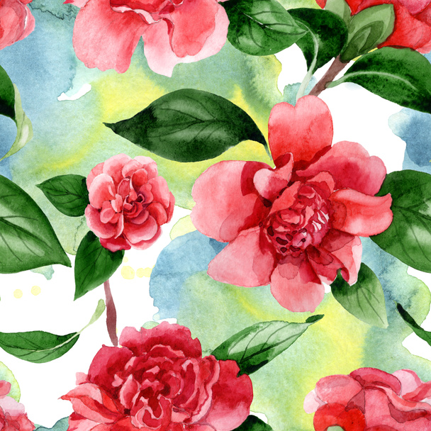 Flores de camelia rosa con hojas verdes. Juego de ilustración en acuarela. Patrón de fondo sin costuras
.  - Foto, Imagen