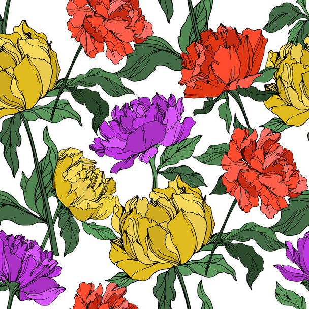 Vector multicolored peonies with leaves isolated on white. Seamless background pattern.  - Vector, imagen