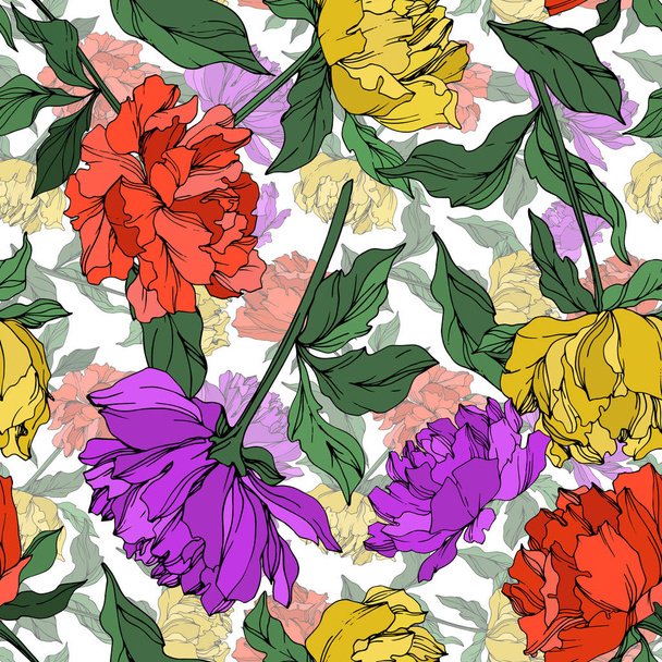 Vector multicolored peonies with leaves isolated on white. Seamless background pattern.  - Vektor, kép