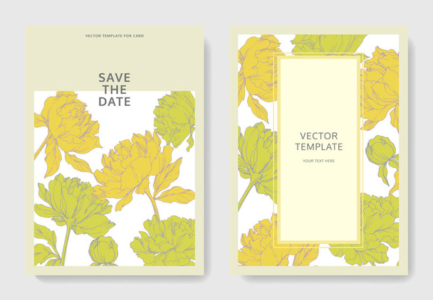 Plantillas de tarjetas de invitación con letras y peonías amarillas vectoriales con hojas aisladas en blanco
.  - Vector, imagen
