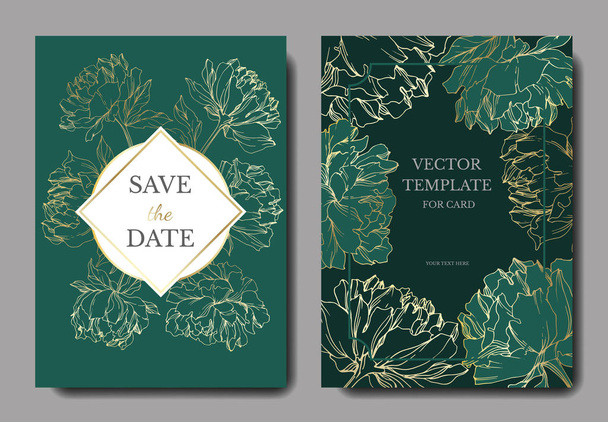 Invitation cards templates with lettering and vector peonies with leaves sketches isolated on green.  - Vector, Image