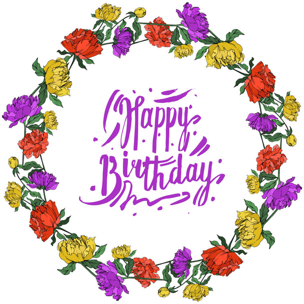 Vector multicolored peonies with leaves isolated on white. Round frame ornament with happy birthday lettering. - Vector, Image
