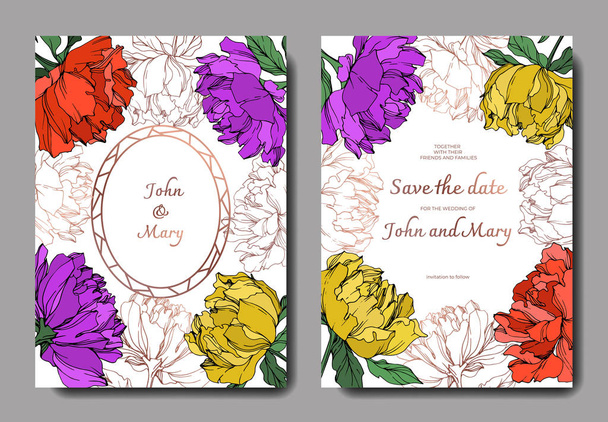 Peônias multicoloridas vetoriais com folhas isoladas em branco. Modelos de cartões de convite elegantes com letras
. - Vetor, Imagem