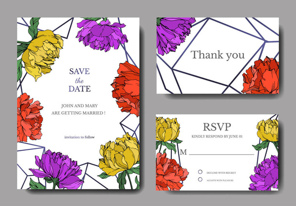 Vector multicolored peonies with leaves isolated on white. Elegant invitation cards templates with lettering. - Vector, Image