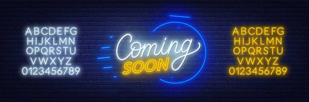 Coming soon neon sign on brick wall background. Template for design. Neon alphabet . - Vector, Image