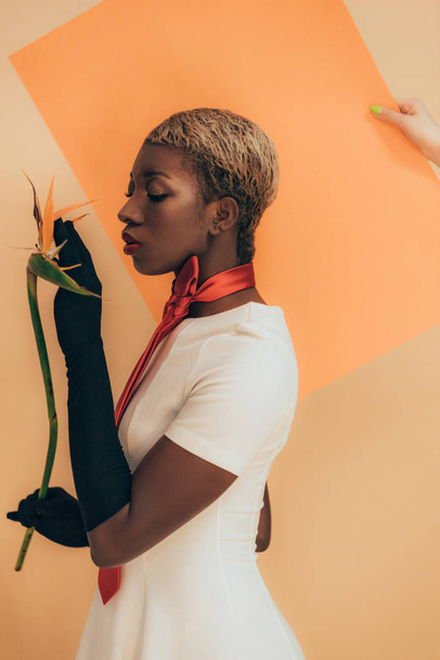 attractive african american woman in black gloves posing with Strelitzia flower on beige and orange - Foto, afbeelding