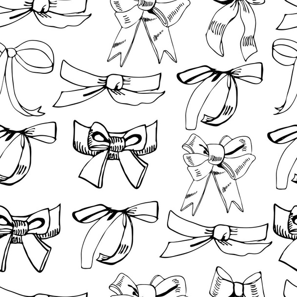 Seamless pattern with diferent monochrome bows. Hand drawn ink sketch isolated on white background. - Vektör, Görsel