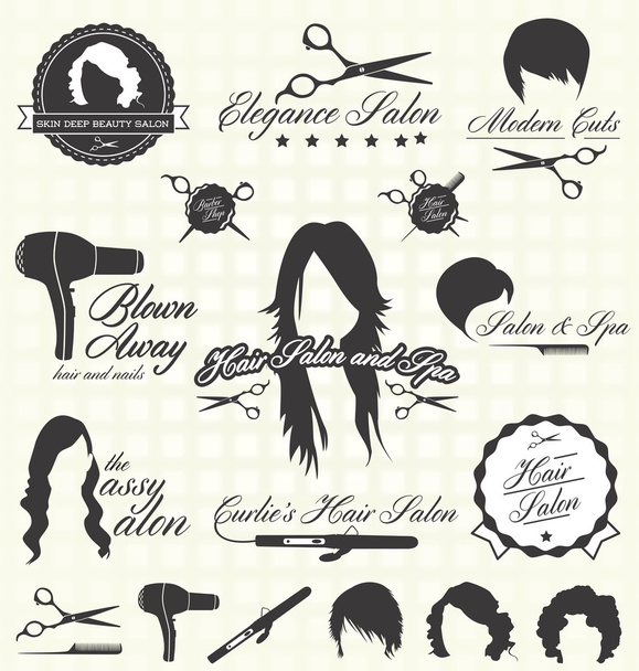 : Vektor Retro vlasy Salon štítky a ikony - Vektor, obrázek