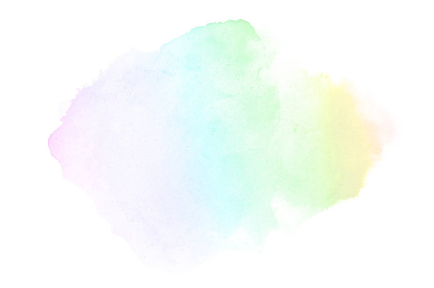 白に隔離されたアクアレル塗料の液体スプラッタを持つ抽象的な水彩の背景画像。レインボートーン - 写真・画像