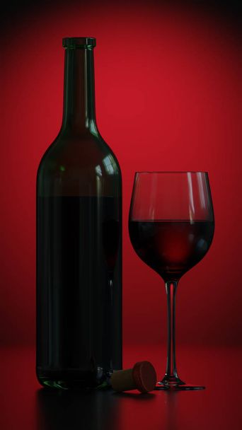Wine bottle and crystal glass on red light background, dark style, 3d render - Foto, Imagen