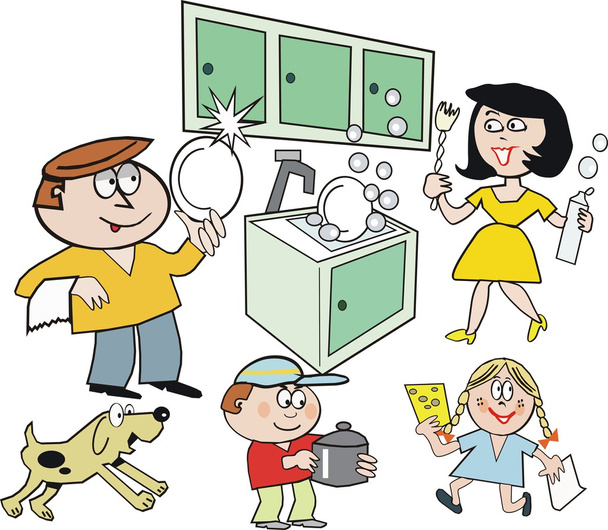 Cartoon of happy family group doing dishes in kitchen - Vector, Image