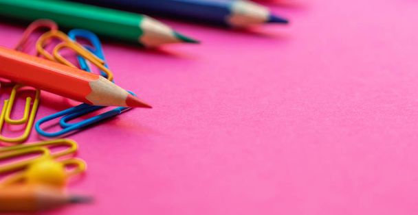 Back to school. School supplies  on colorful  background for classes and lessons.  Flat lay. Top view - 写真・画像
