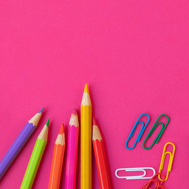 Back to school. School supplies  on colorful  background for classes and lessons.  Flat lay. Top view - Foto, immagini