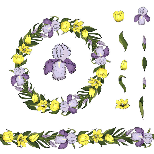 wreath of irises and tulips, spring card, vector,draw,picture,illustration,clip,art,element,design,style,beautiful,background;  - Vektor, kép