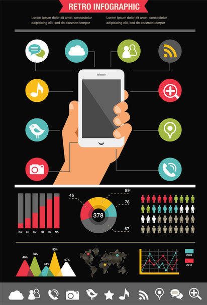 Mozgatható telefon-val ikonok - infographic és webhely háttér - Vektor, kép