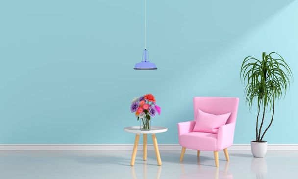 rosafarbenes Sofa in hellblauem Wohnzimmer für Mockup, 3D-Rendering - Foto, Bild