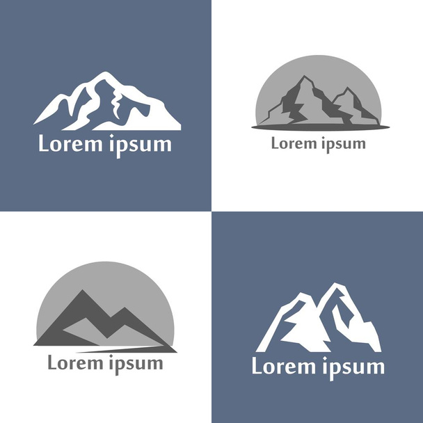 Το λογότυπο των βουνών ορίστηκε. Θέα στο βουνό της φύσης ως σιλουέτα για εμβλήματα και τύπους καταγραφής, ρετρό στυλ. - Διάνυσμα, εικόνα
