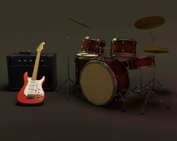 drum kit και κιθάρα - Φωτογραφία, εικόνα
