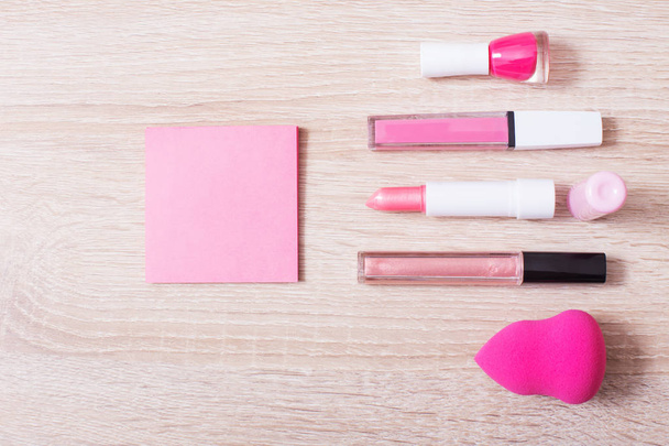 female pink cosmetics, top view - Photo, Image