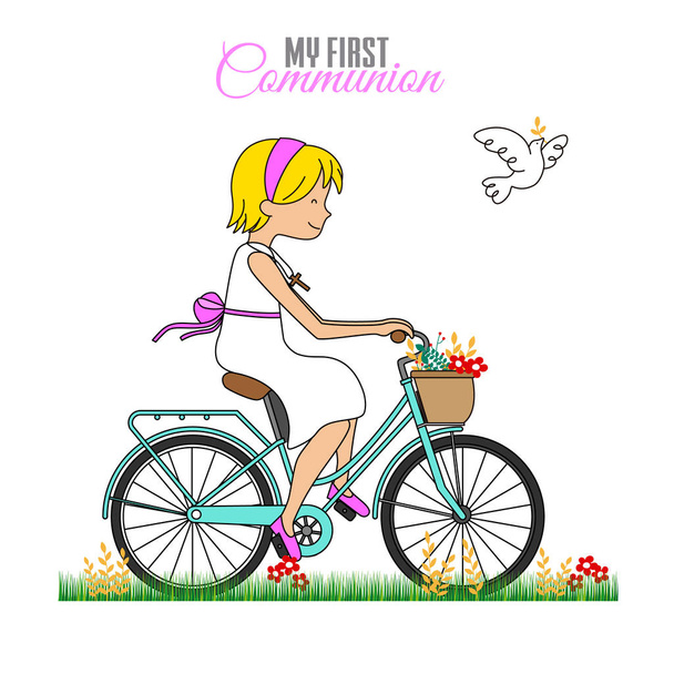 Card my first communion. Little girl on a bicycle - Vector, Image