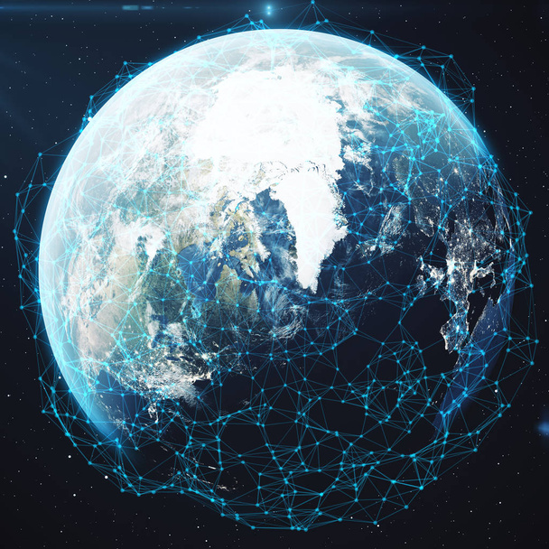 Representación 3D Intercambio de datos y redes sobre el planeta tierra en el espacio. Líneas de conexión alrededor de Earth Globe. Conectividad internacional global. Elementos de esta imagen proporcionados por la NASA
 - Foto, Imagen