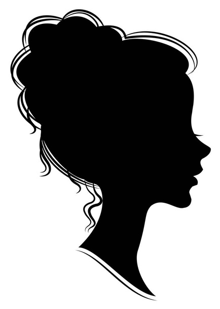 Silhouette of the head of a sweet lady. She shows a woman s hair on medium and long hair. Suitable for advertising, logo. Vector illustration. - Vector, Image