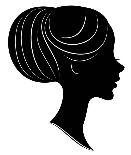 Silhouette eines Profils eines süßen Damenkopfes. Das Mädchen zeigt eine weibliche Frisur auf mittlerem und langem Haar. geeignet für Logo, Werbung. Vektorillustration. - Vektor, Bild