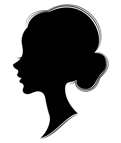 Silhouette of the head of a sweet lady. The girl shows a female hairstyle bundle on long and medium hair. Suitable for advertising, logo. Vector illustration. - Διάνυσμα, εικόνα