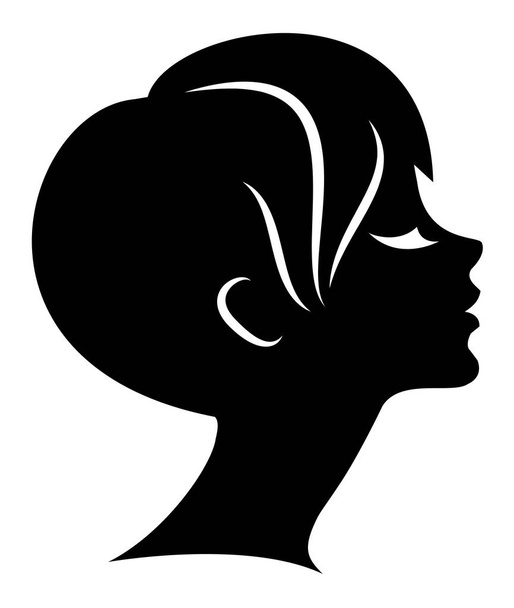 Silueta de la cabeza de una linda dama. La chica muestra el cuidado del cabello bob con el pelo corto y medio. Adecuado para logotipo, publicidad. Ilustración vectorial
. - Vector, Imagen