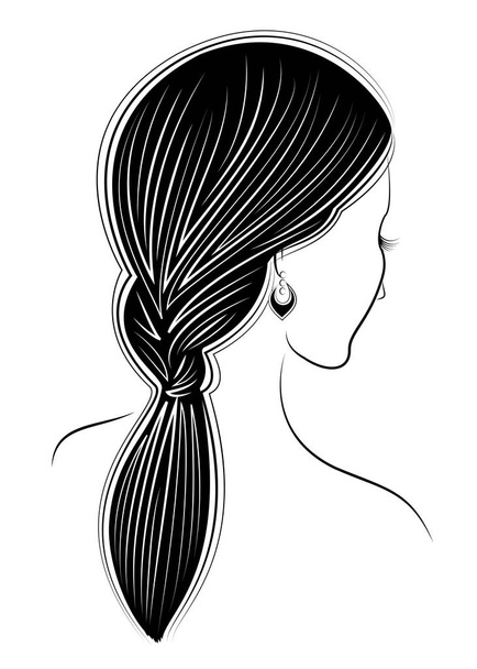 Silhouette profile of a cute lady s head. The girl shows the female hairstyle braid on medium and long hair. Suitable for advertising, logo. Vector illustration. - Vector, Image