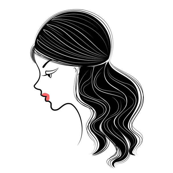 Sylwetka profil cute Lady s głowy. Dziewczyna pokazuje kobiecej fryzurę warkocz na średnich i długich włosach. Nadaje się do reklamy, logo. Ilustracja wektorowa. - Wektor, obraz