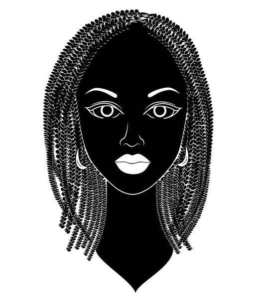 Профіль керівника солодкої дами. Афроамериканець дівчина показує зачіску на середніх і коротких волосся. Силует, красива і стильна жінка. Векторна ілюстрація - Вектор, зображення