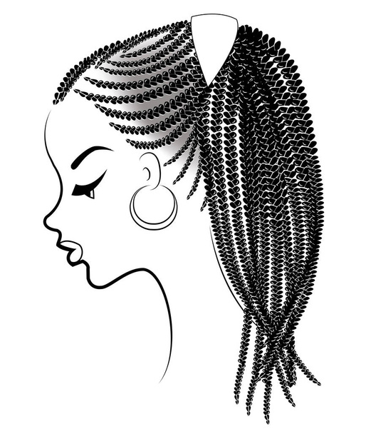 Profile of the head of a sweet lady. An African American girl shows her hairstyle on medium and short hair. Silhouette, beautiful and stylish woman. Vector illustration - Vector, Image
