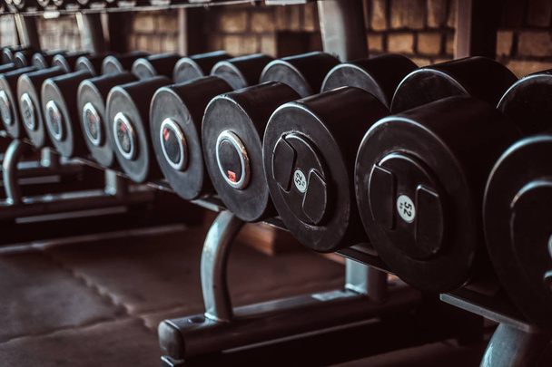 Photo of many different dumbbells in modern sunny gym - Foto, Imagen