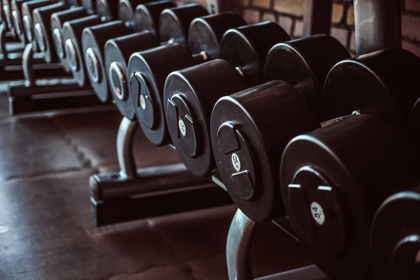 Photo of many different dumbbells in modern sunny gym - Foto, afbeelding
