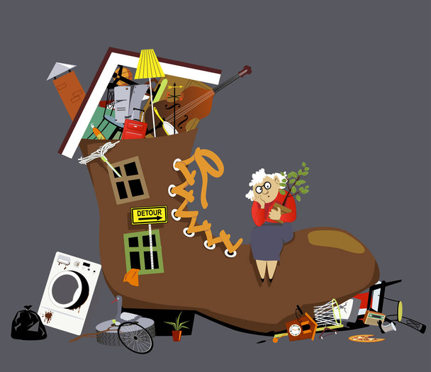 Idoso acumulador mulher vivendo em um sapato estourando com coisas, EPS 8 ilustração vetorial
 - Vetor, Imagem